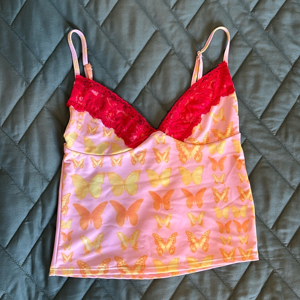 Omighty Pink Butterfly Print Cami Tank with Red Lace Trim Size Small